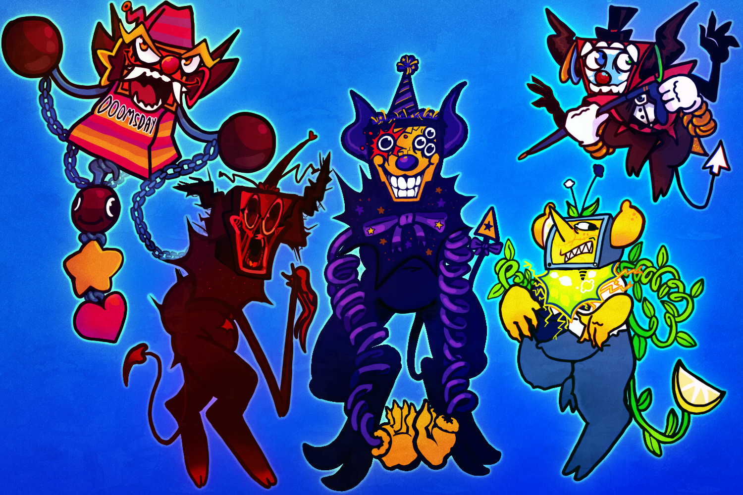 An image of frodo's sona Bababooey Monster in the form of 5 characters in the following order; Judgement Boy from Gregory Horror Show, The Boiled One by Doctor Nowhere, BUDDY from FNAF 1 remake, Lemongrab 3 From Adventure Time and Caine from the Amazing Digital Circus